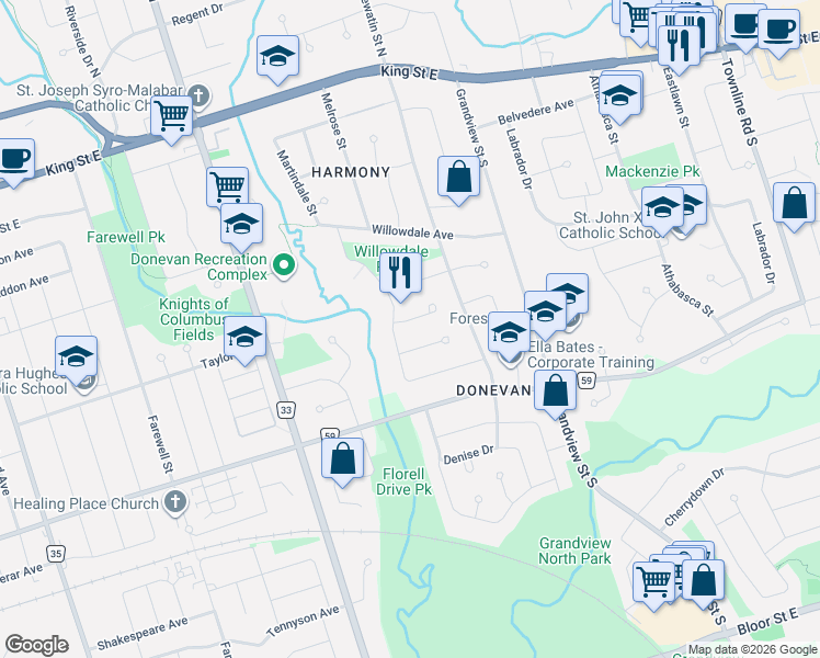 map of restaurants, bars, coffee shops, grocery stores, and more near 963 Palm Court in Oshawa