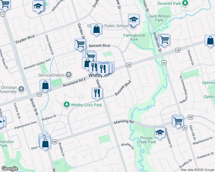 map of restaurants, bars, coffee shops, grocery stores, and more near 33 Heaver Drive in Whitby