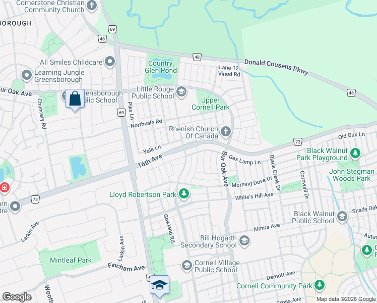 map of restaurants, bars, coffee shops, grocery stores, and more near 104 Gas Lamp Lane in Markham