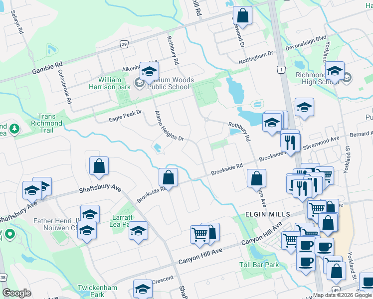 map of restaurants, bars, coffee shops, grocery stores, and more near 46 Leary Crescent in Richmond Hill