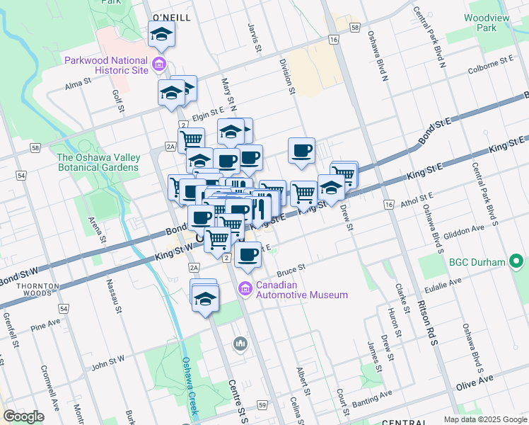 map of restaurants, bars, coffee shops, grocery stores, and more near 7434 Mary Street North in Oshawa