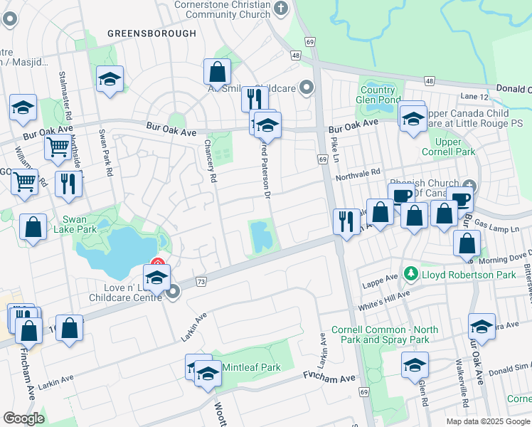 map of restaurants, bars, coffee shops, grocery stores, and more near 24 Alfred Paterson Drive in Markham