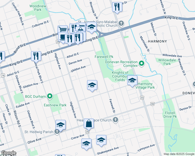 map of restaurants, bars, coffee shops, grocery stores, and more near in Oshawa