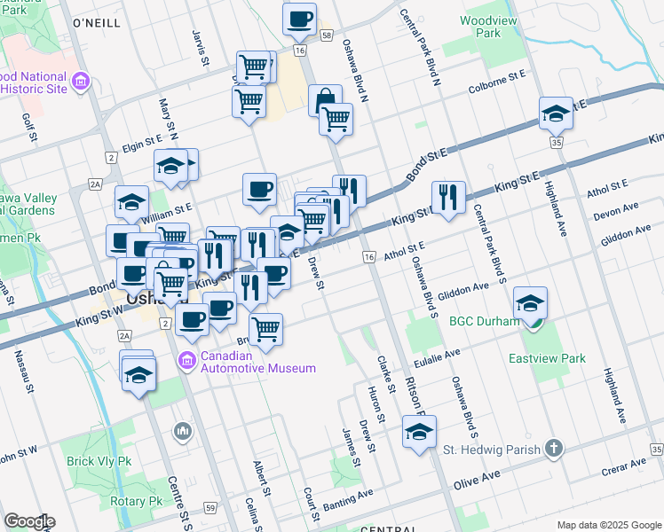 map of restaurants, bars, coffee shops, grocery stores, and more near in Oshawa