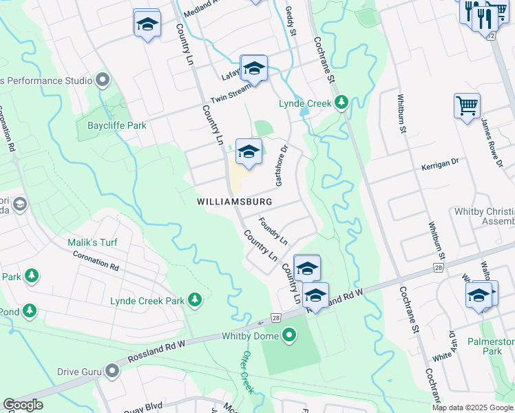 map of restaurants, bars, coffee shops, grocery stores, and more near 9 Gartshore Drive in Whitby