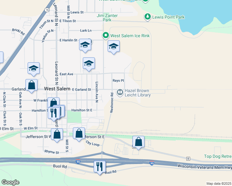 map of restaurants, bars, coffee shops, grocery stores, and more near 727 Garland Street East in West Salem