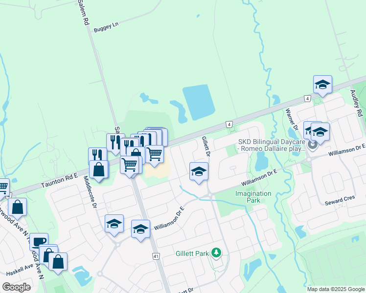 map of restaurants, bars, coffee shops, grocery stores, and more near 53 Booker Drive in Ajax