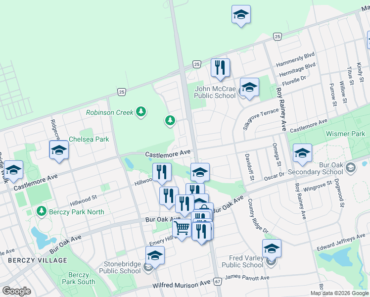 map of restaurants, bars, coffee shops, grocery stores, and more near 56 Prince Charles Way in Markham