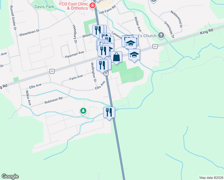 map of restaurants, bars, coffee shops, grocery stores, and more near 12891 Ontario 27 in King City