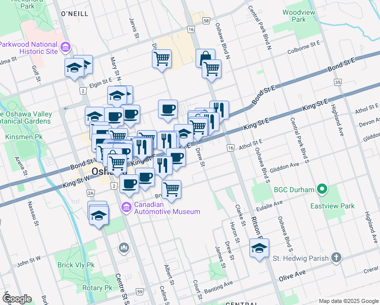 map of restaurants, bars, coffee shops, grocery stores, and more near in Oshawa