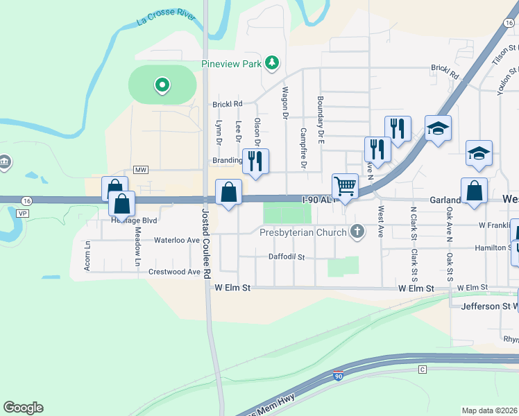 map of restaurants, bars, coffee shops, grocery stores, and more near 965 Wisconson 16 Trunk in West Salem