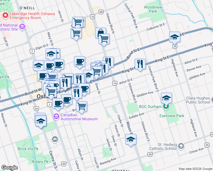 map of restaurants, bars, coffee shops, grocery stores, and more near 236 Athol Street East in Oshawa