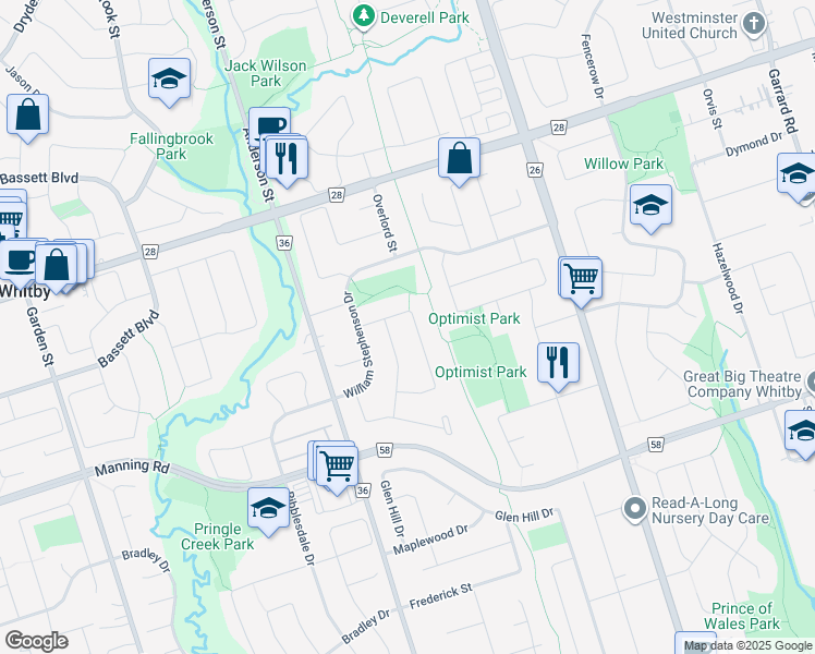 map of restaurants, bars, coffee shops, grocery stores, and more near 48 Ingleborough Drive in Whitby