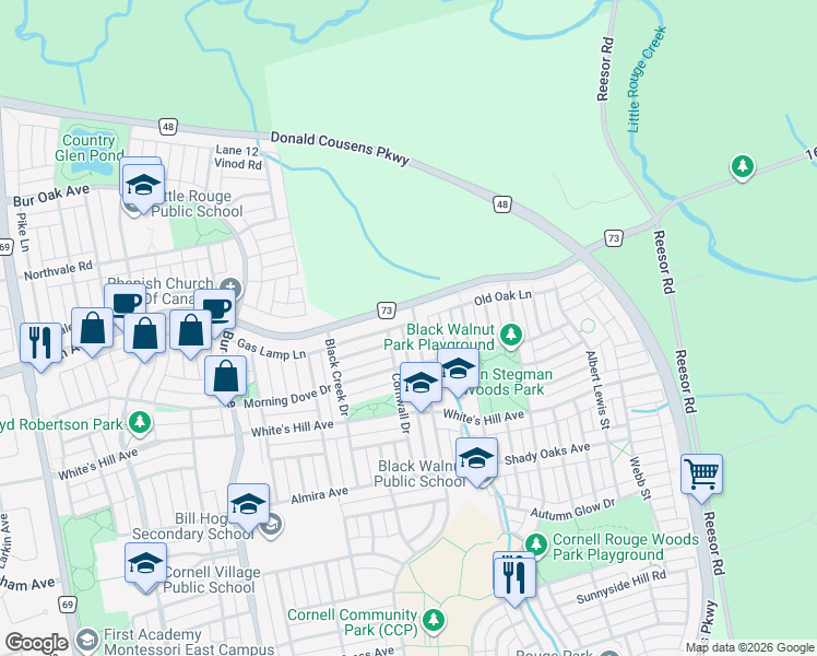 map of restaurants, bars, coffee shops, grocery stores, and more near 646 Cornell Centre Boulevard in Markham