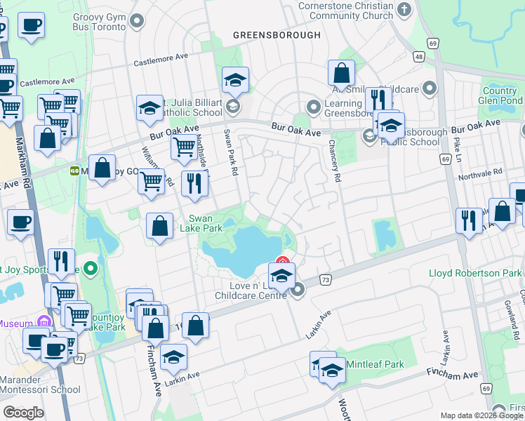map of restaurants, bars, coffee shops, grocery stores, and more near 107 Lakeside Vista Way in Markham