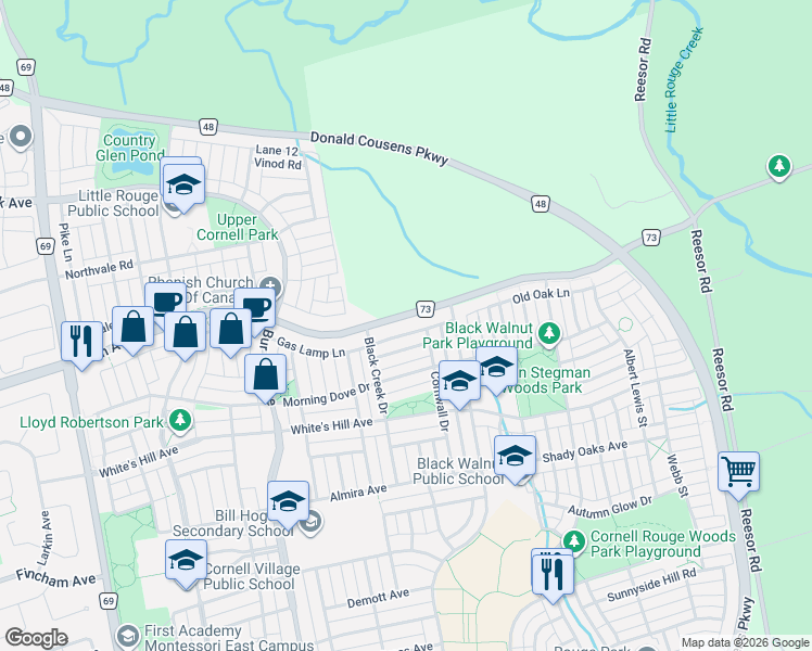 map of restaurants, bars, coffee shops, grocery stores, and more near 294 York Regional Road 73 in Markham