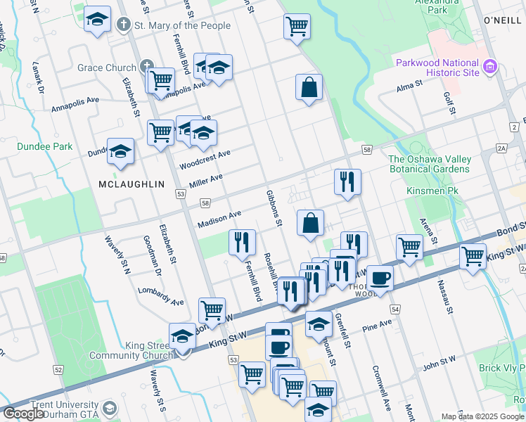 map of restaurants, bars, coffee shops, grocery stores, and more near in Oshawa