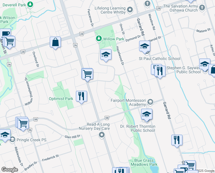map of restaurants, bars, coffee shops, grocery stores, and more near in Whitby