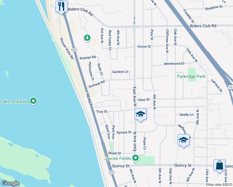 map of restaurants, bars, coffee shops, grocery stores, and more near W6644 Lawrence Place in Onalaska