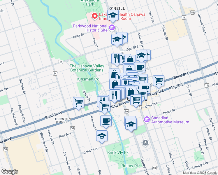 map of restaurants, bars, coffee shops, grocery stores, and more near 80 McMillan Drive in Oshawa