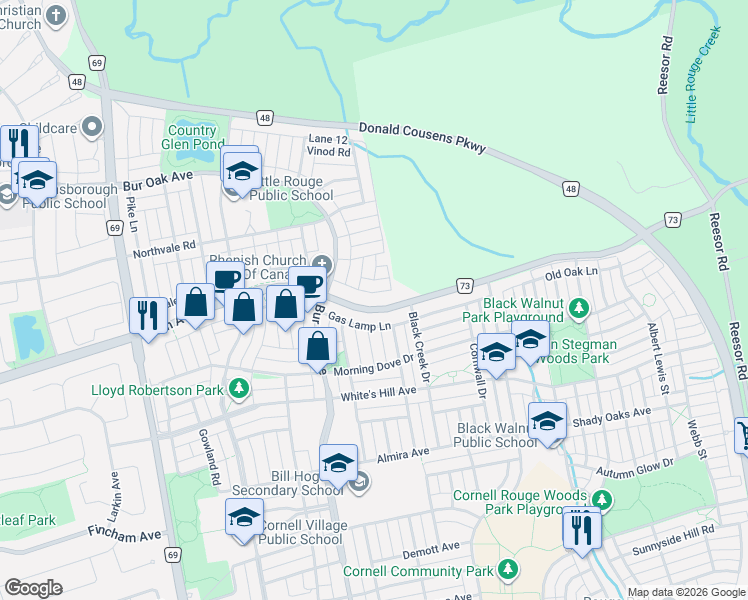 map of restaurants, bars, coffee shops, grocery stores, and more near 31 Berryman Lane in Markham