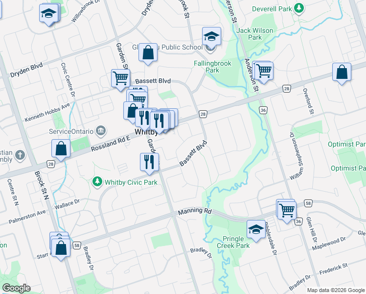 map of restaurants, bars, coffee shops, grocery stores, and more near 23 Woodward Drive in Whitby