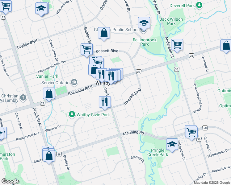 map of restaurants, bars, coffee shops, grocery stores, and more near 27 Heaver Drive in Whitby