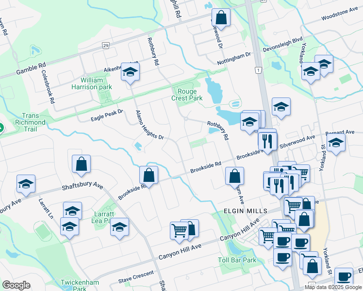 map of restaurants, bars, coffee shops, grocery stores, and more near 131 Alamo Heights Drive in Richmond Hill