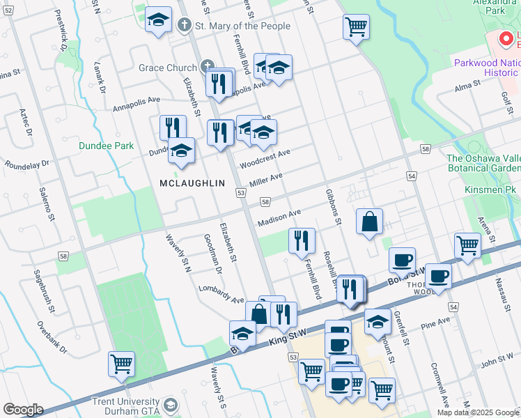map of restaurants, bars, coffee shops, grocery stores, and more near in Oshawa