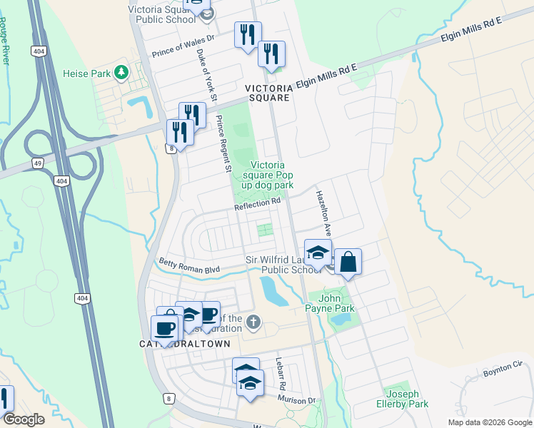 map of restaurants, bars, coffee shops, grocery stores, and more near 21 Reflection Road in Markham