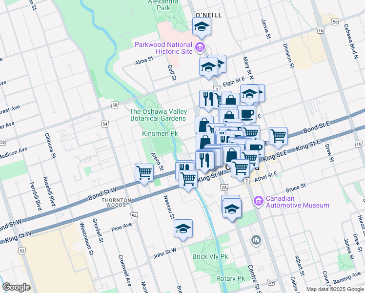 map of restaurants, bars, coffee shops, grocery stores, and more near 80 McMillan Drive in Oshawa