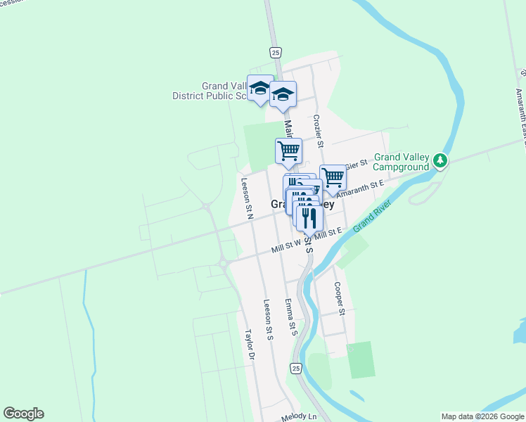 map of restaurants, bars, coffee shops, grocery stores, and more near 50 Amaranth Street West in Grand Valley