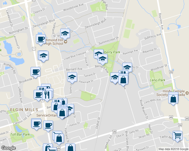 map of restaurants, bars, coffee shops, grocery stores, and more near 29 Tamara Drive in Richmond Hill