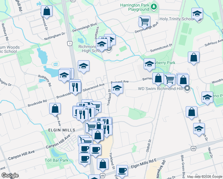 map of restaurants, bars, coffee shops, grocery stores, and more near 141 Yorkland Street in Richmond Hill