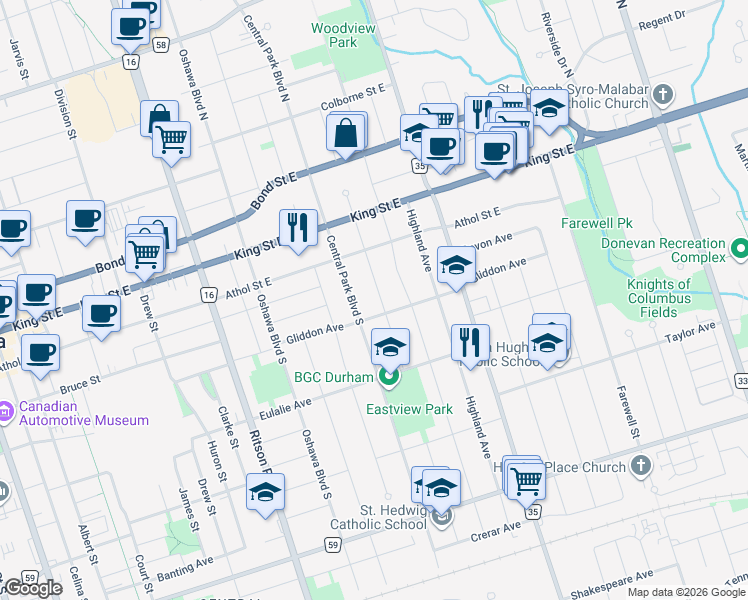 map of restaurants, bars, coffee shops, grocery stores, and more near 94 Lasalle Avenue in Oshawa