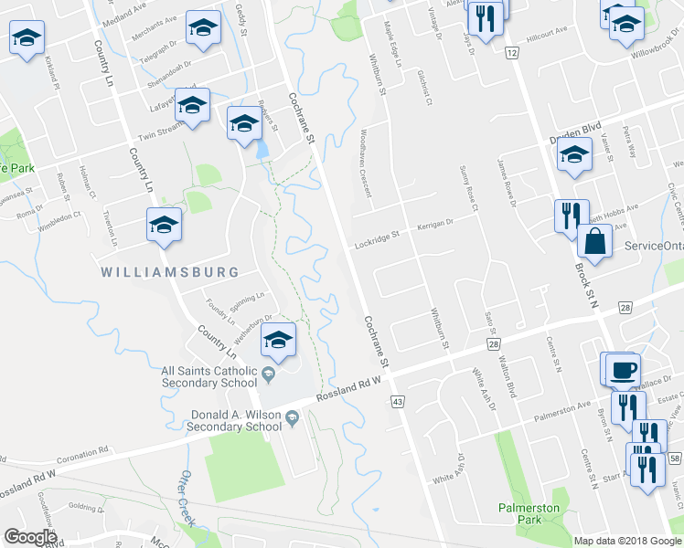map of restaurants, bars, coffee shops, grocery stores, and more near 3140 Cochrane Street in Whitby