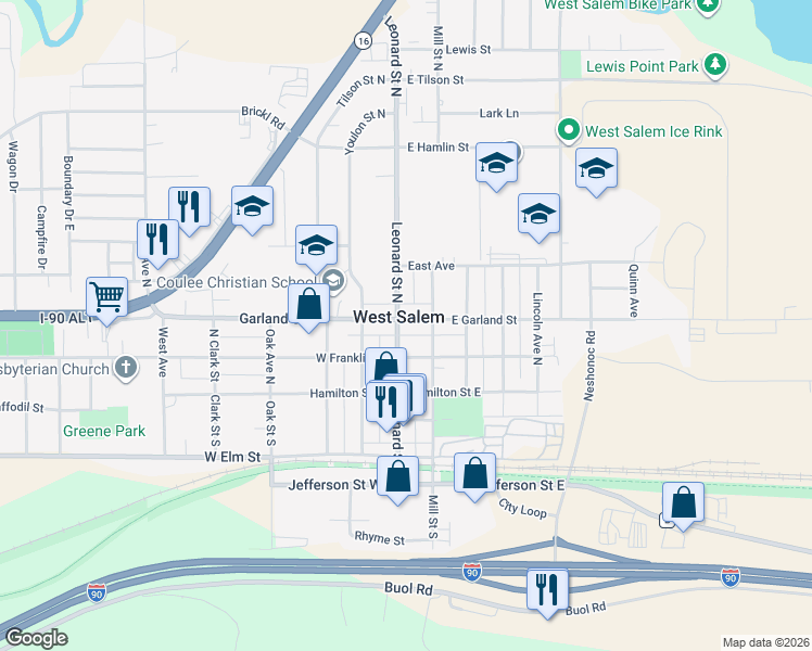 map of restaurants, bars, coffee shops, grocery stores, and more near 239 Leonard Street North in West Salem