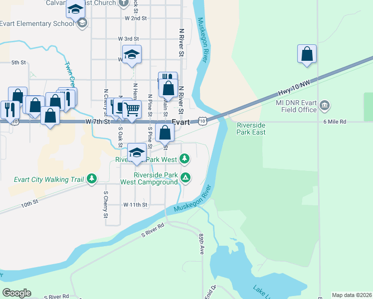 map of restaurants, bars, coffee shops, grocery stores, and more near 203 River Street in Evart