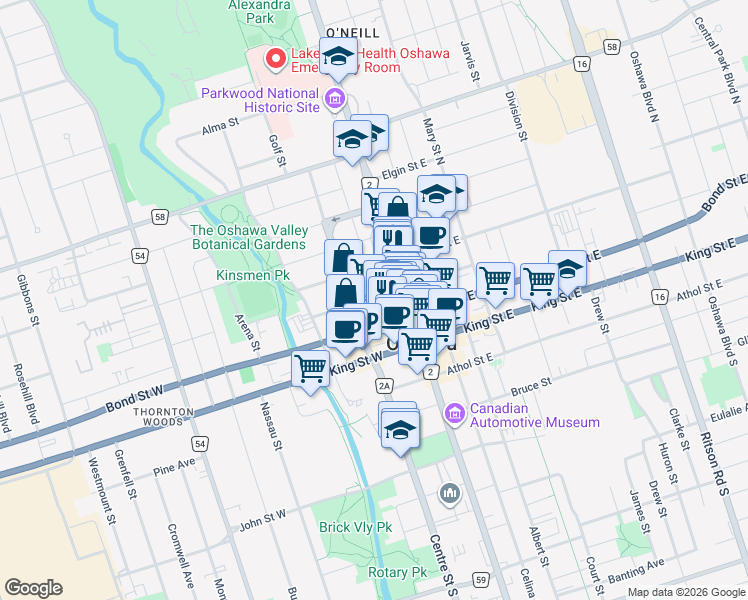map of restaurants, bars, coffee shops, grocery stores, and more near 33 Richmond Street West in Oshawa