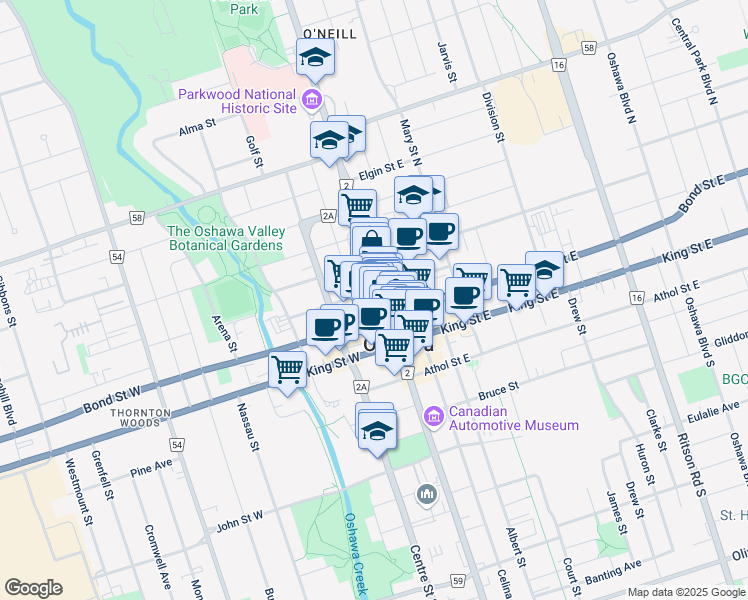 map of restaurants, bars, coffee shops, grocery stores, and more near in Oshawa