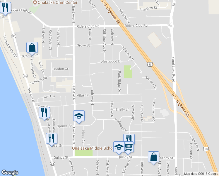 map of restaurants, bars, coffee shops, grocery stores, and more near 1009 Oak Avenue North in Onalaska