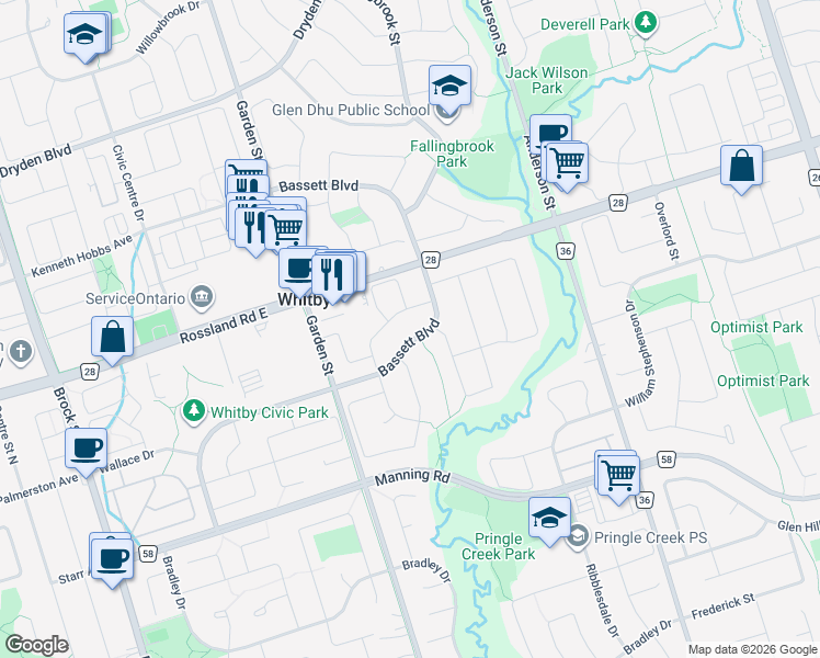 map of restaurants, bars, coffee shops, grocery stores, and more near 118 Bassett Boulevard in Whitby