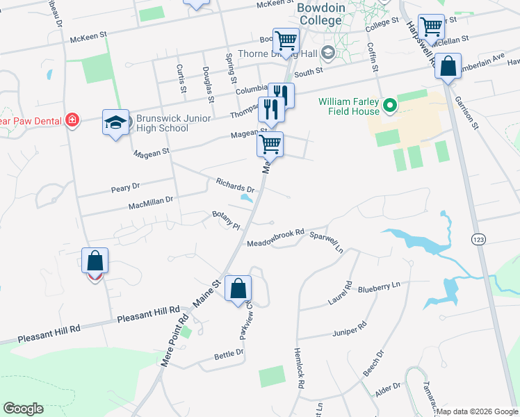 map of restaurants, bars, coffee shops, grocery stores, and more near 315 Maine Street in Brunswick