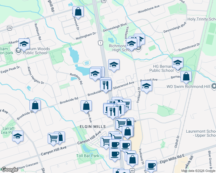 map of restaurants, bars, coffee shops, grocery stores, and more near Yonge Street in Richmond Hill