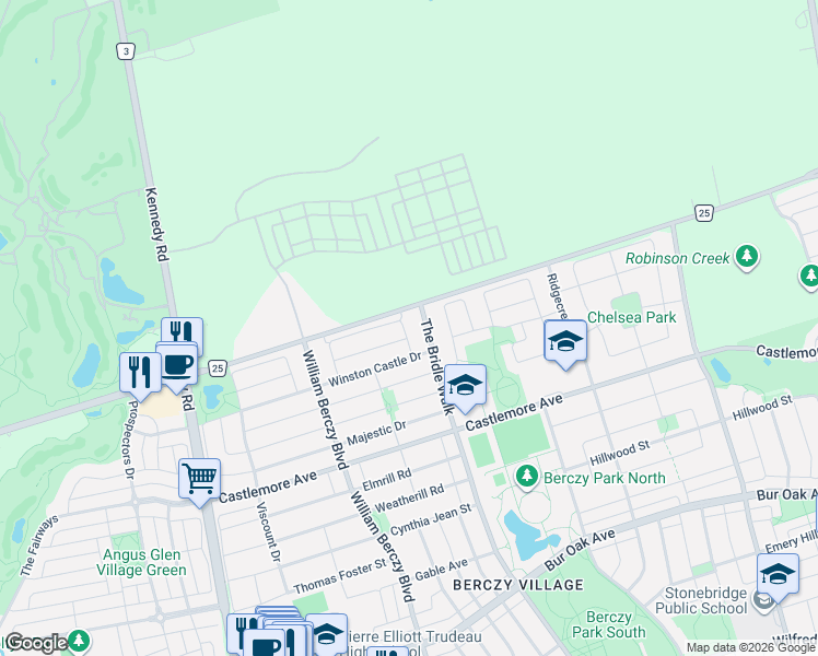 map of restaurants, bars, coffee shops, grocery stores, and more near 74 Trojan Crescent in Markham