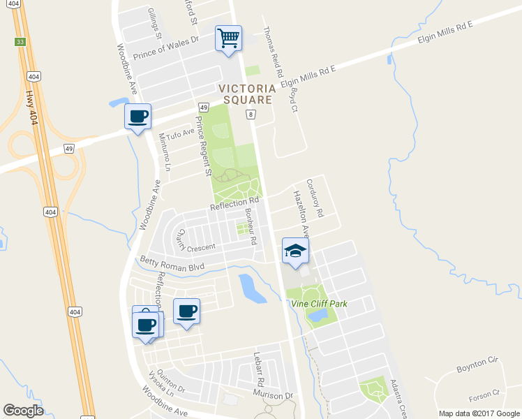map of restaurants, bars, coffee shops, grocery stores, and more near 10540 Woodbine Avenue in Markham