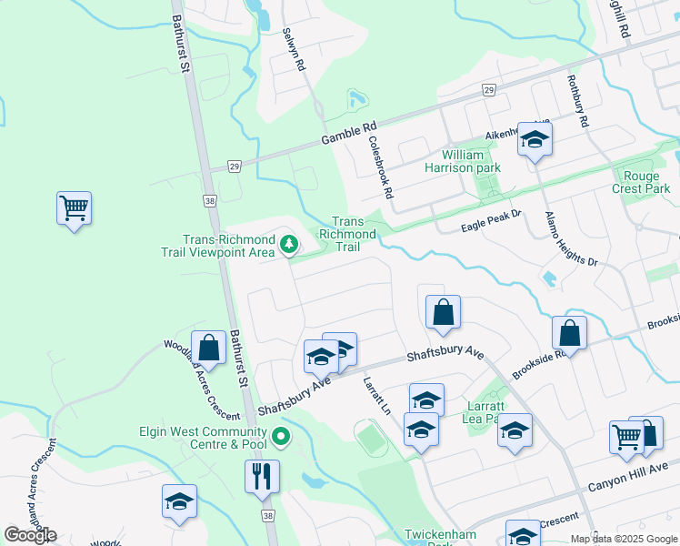 map of restaurants, bars, coffee shops, grocery stores, and more near 80 Owl Ridge Drive in Richmond Hill