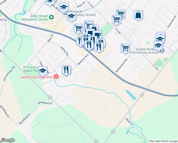 map of restaurants, bars, coffee shops, grocery stores, and more near 55 Althorp Drive in Orangeville