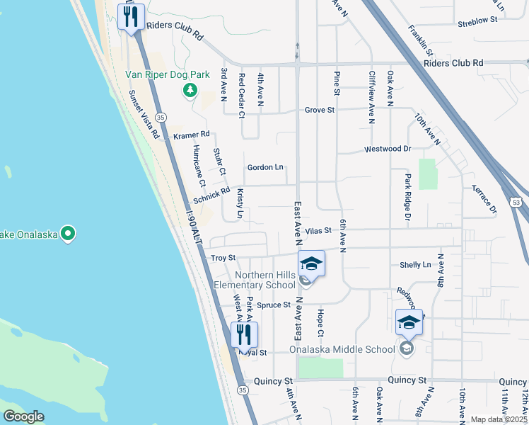 map of restaurants, bars, coffee shops, grocery stores, and more near W6644 Lawrence Place in Onalaska