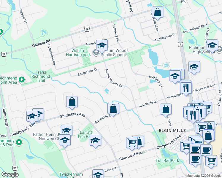 map of restaurants, bars, coffee shops, grocery stores, and more near 20 Aztec Court in Richmond Hill